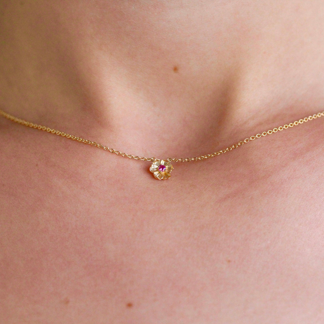 The January Birthstone Poppy Necklace with Padparadscha Sapphire in Yellow Gold modeled
