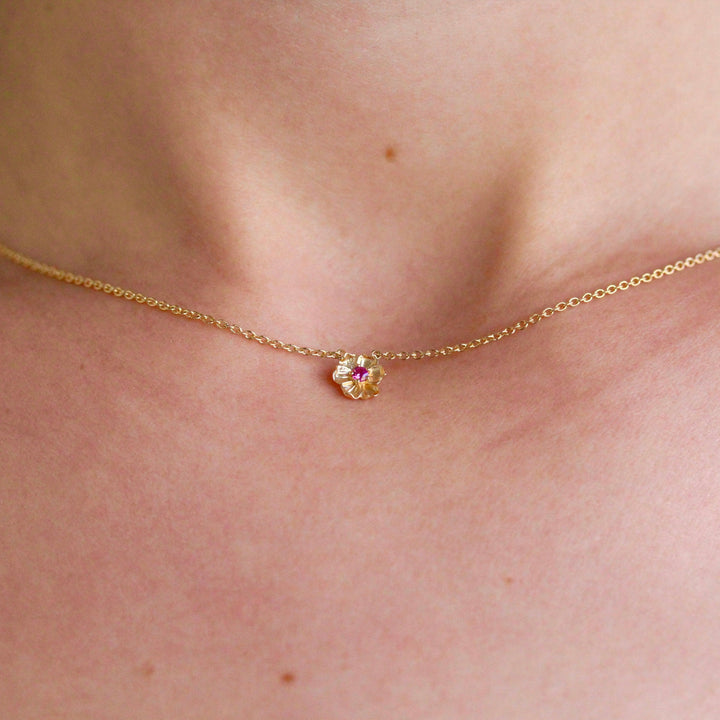 The January Birthstone Poppy Necklace with Padparadscha Sapphire in Yellow Gold modeled