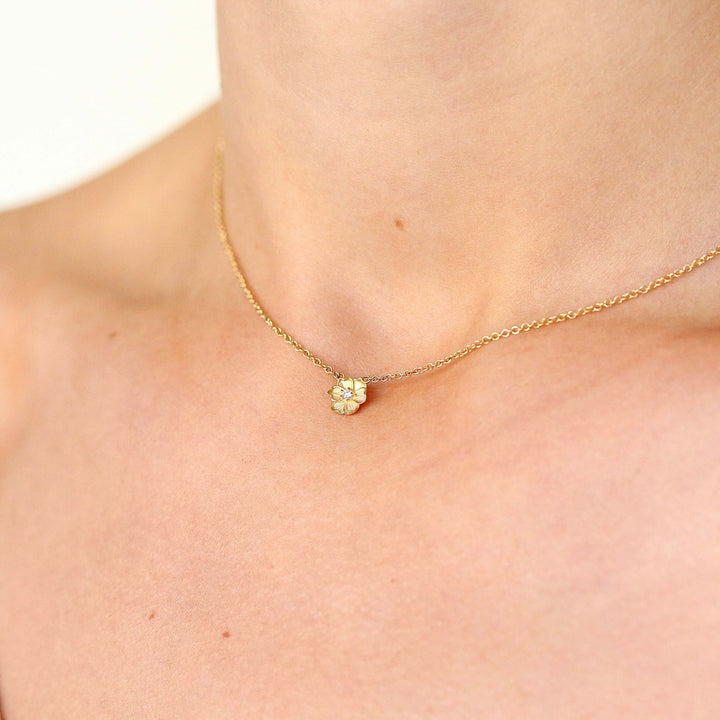 The Poppy Necklace with Lab-Grown Diamond in Yellow Gold modeled on a person