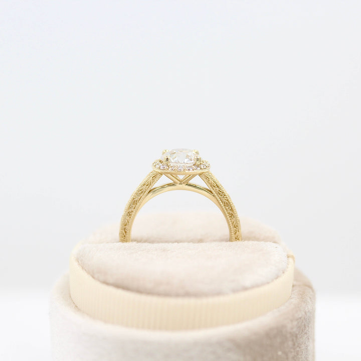 The Sabrina Ring (OEC) in Yellow Gold and 1.37ct Lab-Grown Diamond in a white velvet ring box