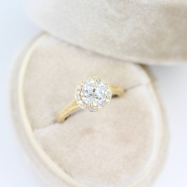 The Sabrina Ring (OEC) in Yellow Gold and 1.37ct Lab-Grown Diamond in a white velvet ring box