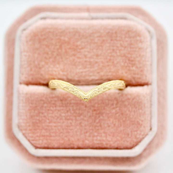 The Sabrina V Wedding Band in a Lush Pink Velvet Ring Box
