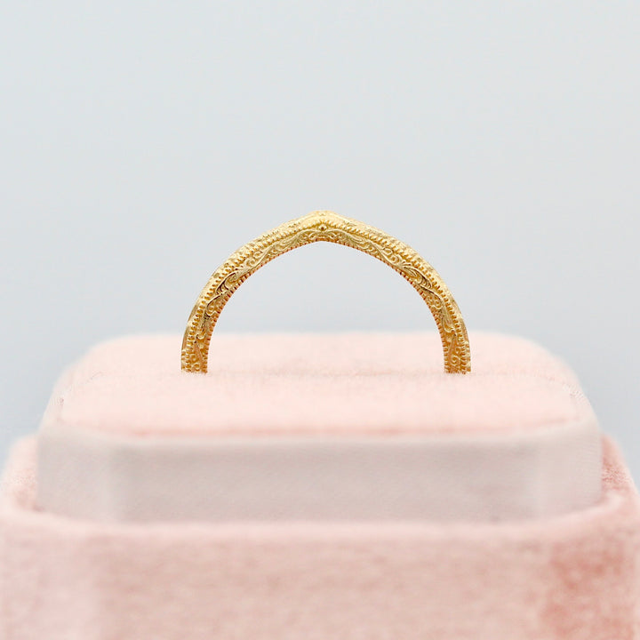 Profile view of the Elegant Engraving and Milgrain details on the Sabrina V Wedding Band