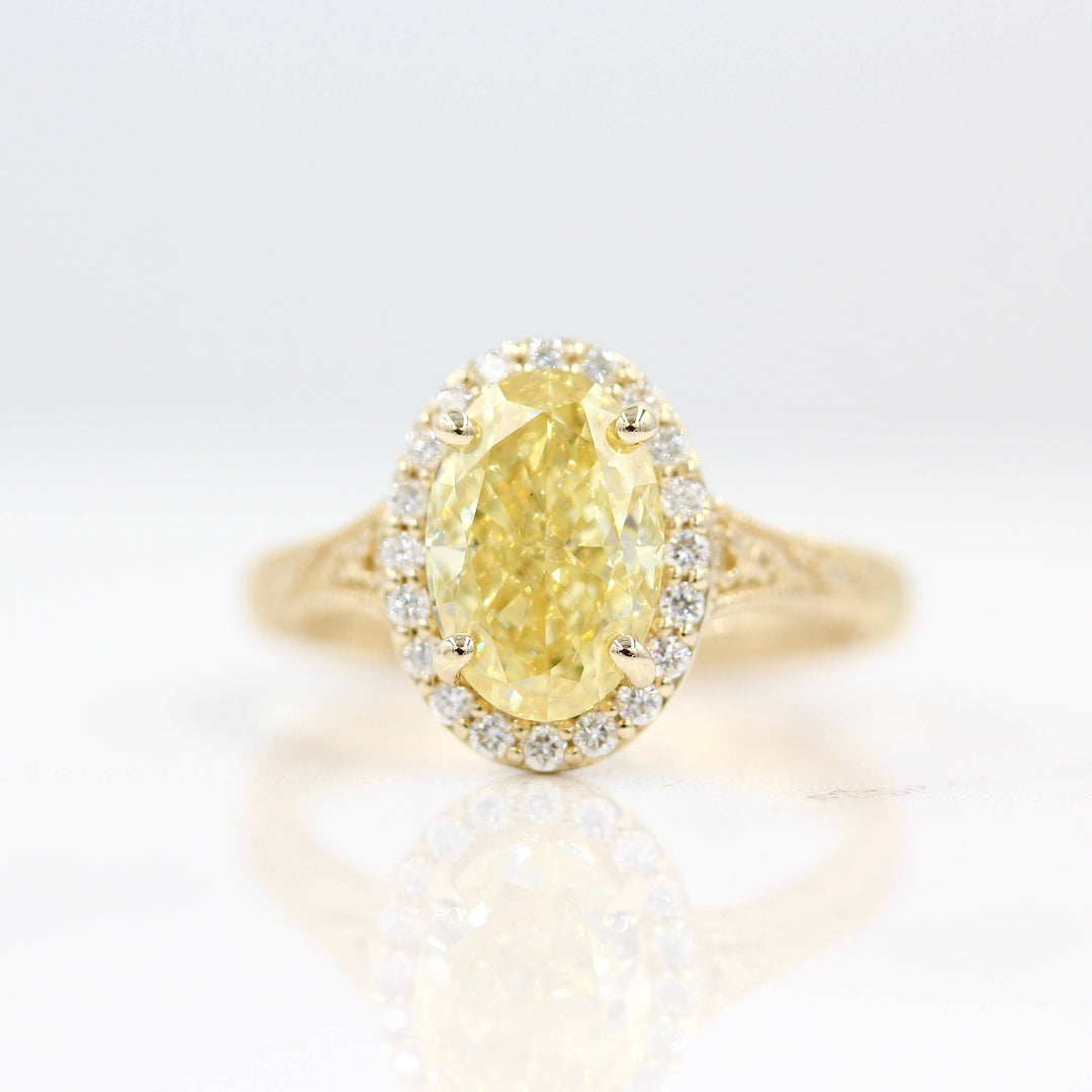 14k Yellow Gold Lab Grown VS DEF Diamond Engagement Ring with Oval Center and Half Moon Side Accents 14k Yellow Gold Lab Grown VS DEF Diamond Engagement Ring with Oval Center and Half Moon Side Accents