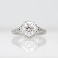 Ready to Ship Ring Colorless Moissanite / 14k White Gold / 1.5ct The Sabrina Ring (Round) in White Gold with 1.5ct Moissanite against a white background