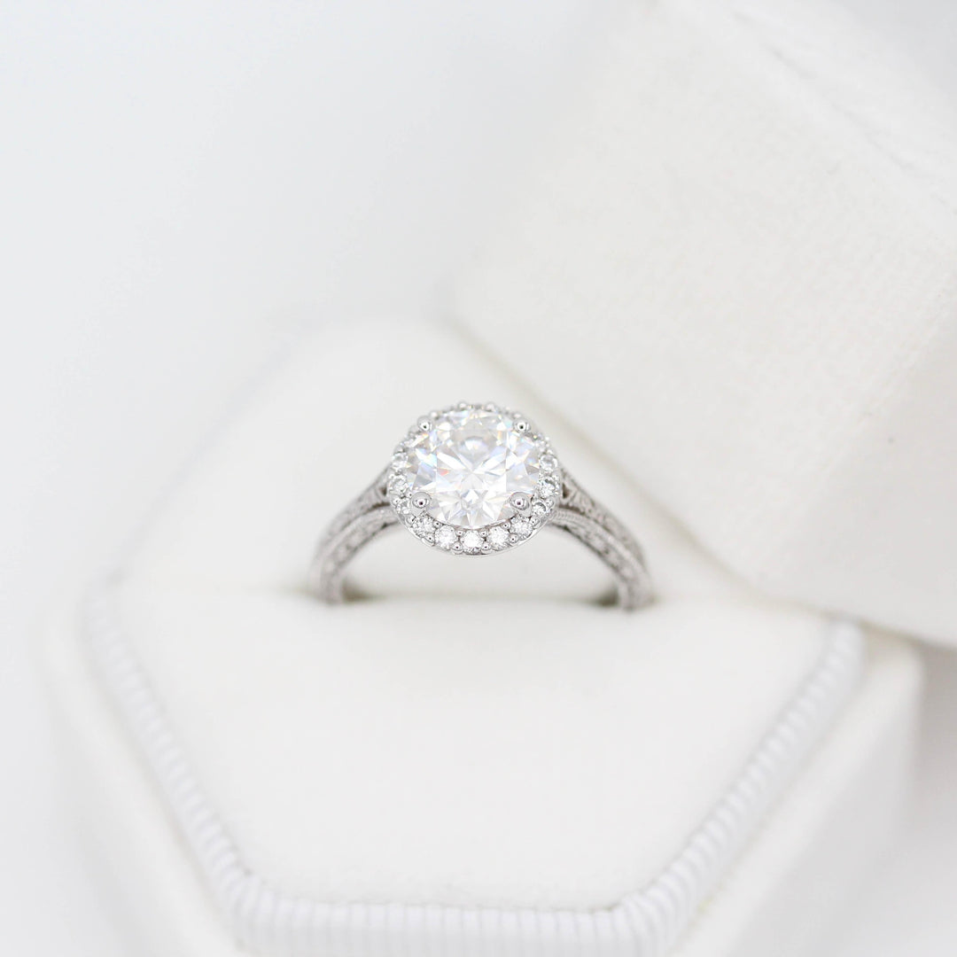 Ready to Ship Ring Colorless Moissanite / 14k White Gold / 1.5ct The Sabrina Ring (Round) in White Gold with 1.5ct Moissanite in a white velvet ring box