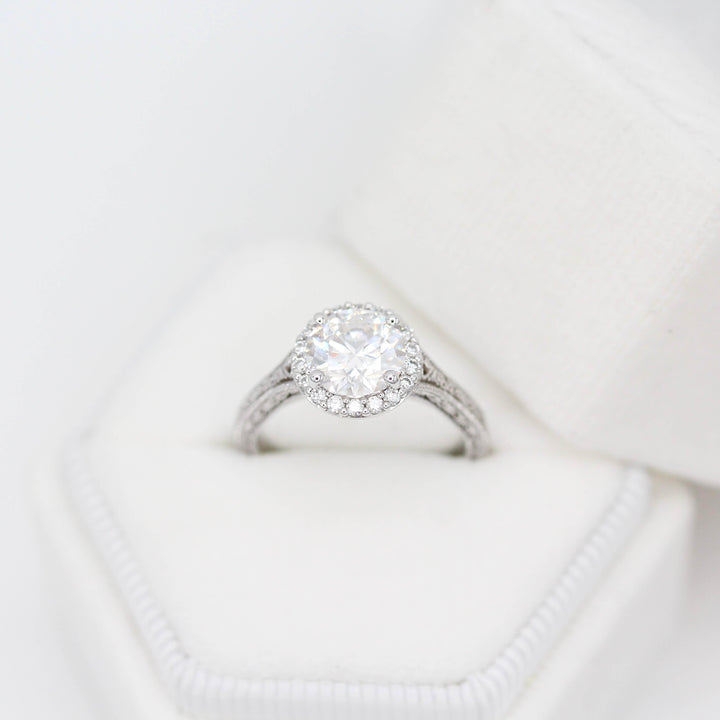 Ready to Ship Ring Colorless Moissanite / 14k White Gold / 1.5ct The Sabrina Ring (Round) in White Gold with 1.5ct Moissanite in a white velvet ring box