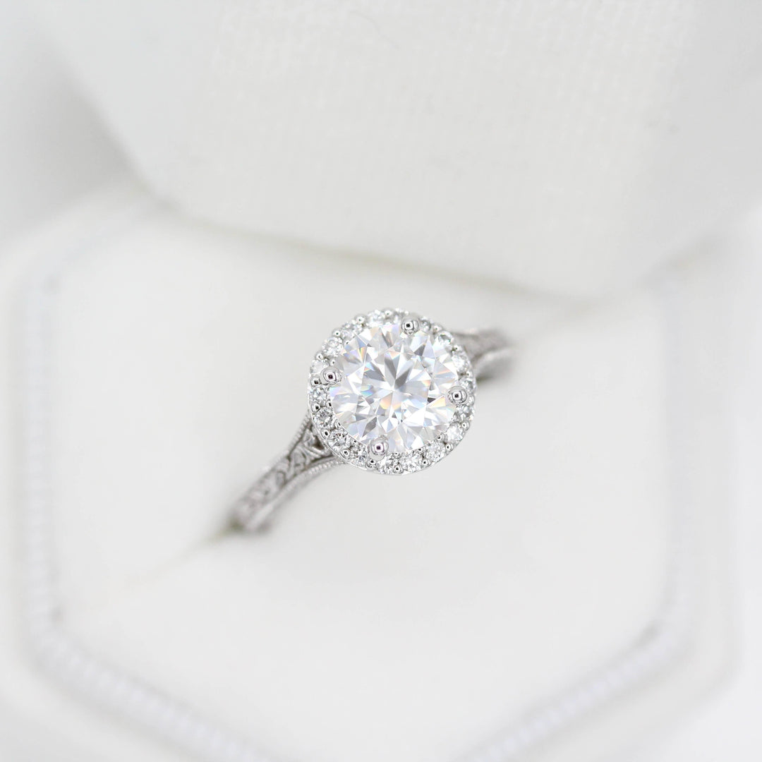 Ready to Ship Ring Colorless Moissanite / 14k White Gold / 1.5ct The Sabrina Ring (Round) in White Gold with 1.5ct Moissanite in a white velvet ring box