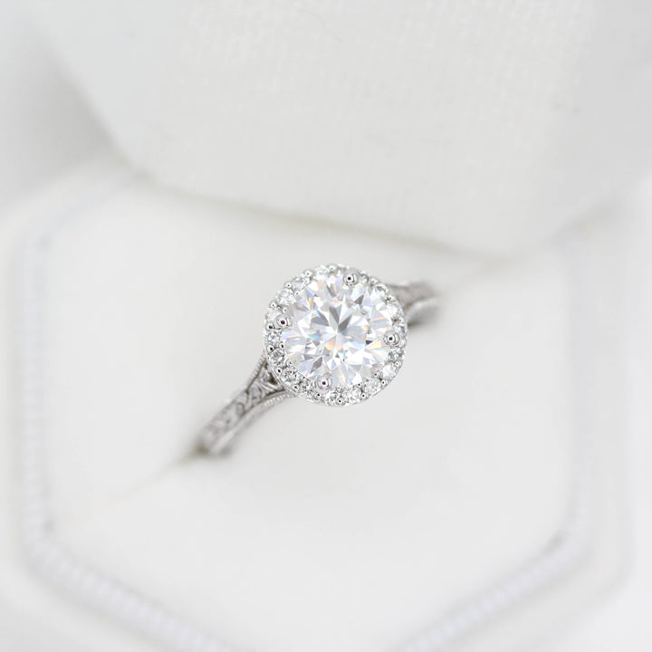 Ready to Ship Ring Colorless Moissanite / 14k White Gold / 1.5ct The Sabrina Ring (Round) in White Gold with 1.5ct Moissanite in a white velvet ring box