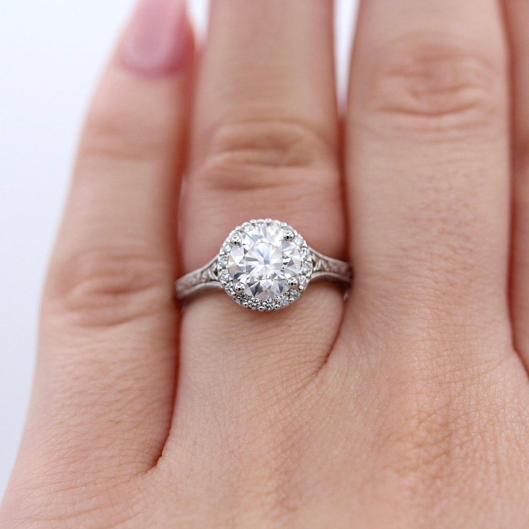 Ready to Ship Ring Colorless Moissanite / 14k White Gold / 1.5ct The Sabrina Ring (Round) in White Gold with 1.5ct Moissanite modeled