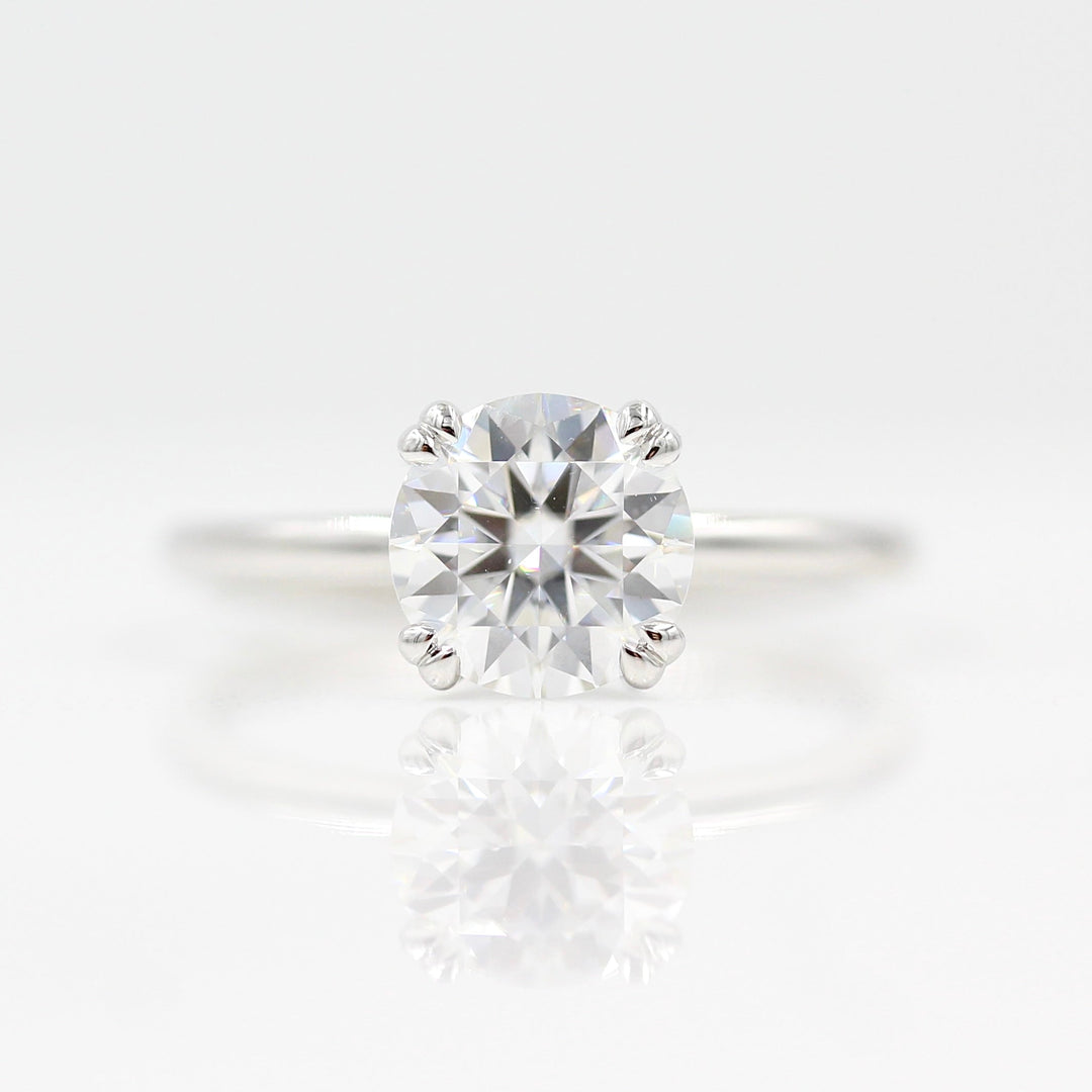 The Serena Ring (Round) in White Gold with 1.5ct Moissanite against a white background