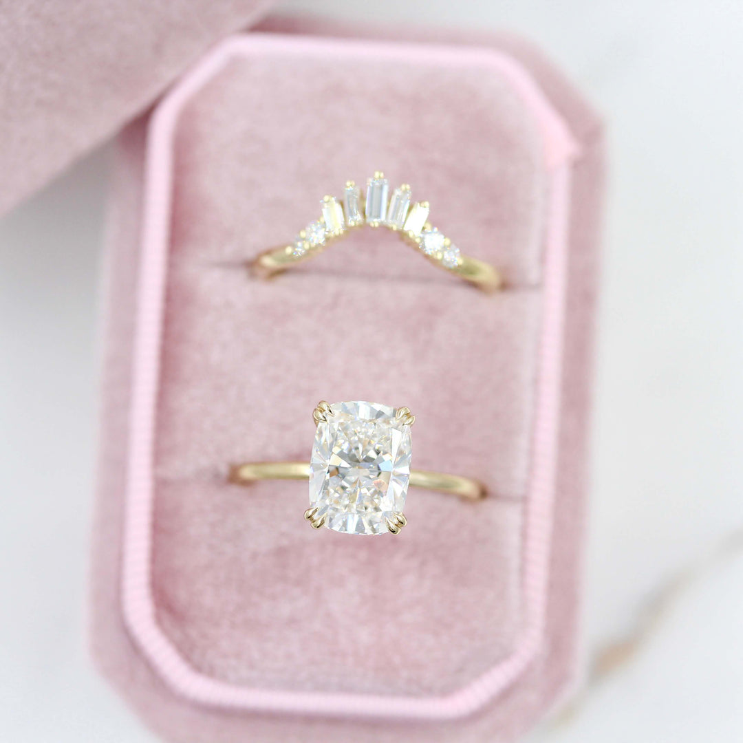 The Serena Ring (Elongated Cushion) in Yellow Gold with 3.06ct Lab-Grown Diamond with the Sunburst Wedding Band in yellow gold in a pink velvet ring box