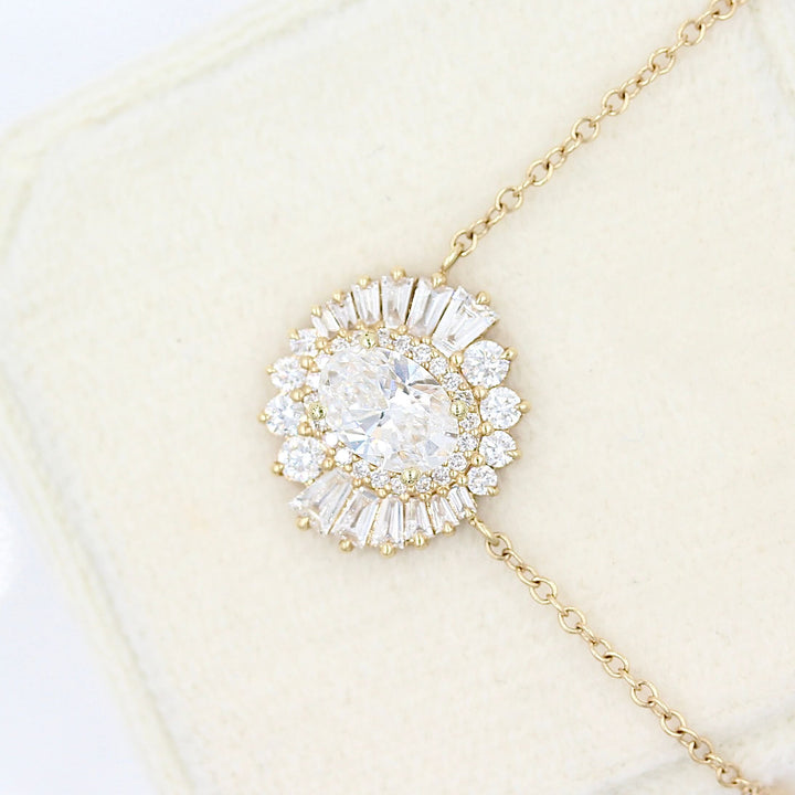 The Soleil Pendant in Yellow Gold and 1.04ct Lab-Grown Diamond against a tan velvet ring box