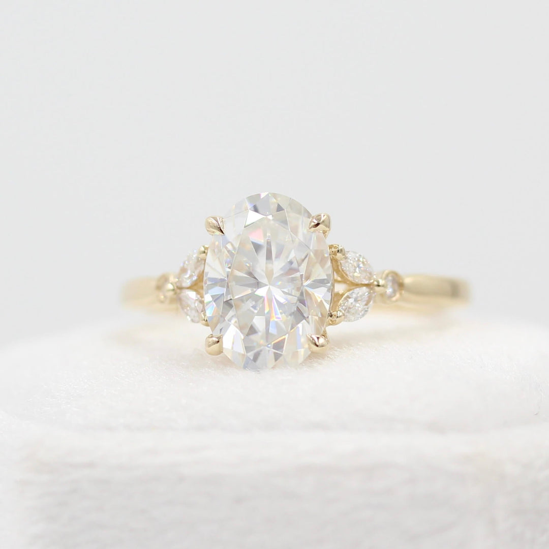 Ready to Ship Ring 14k Yellow Gold The Sophia Ring (Oval) in Yellow Gold with 2ct Moissanite atop of a white velvet ring box