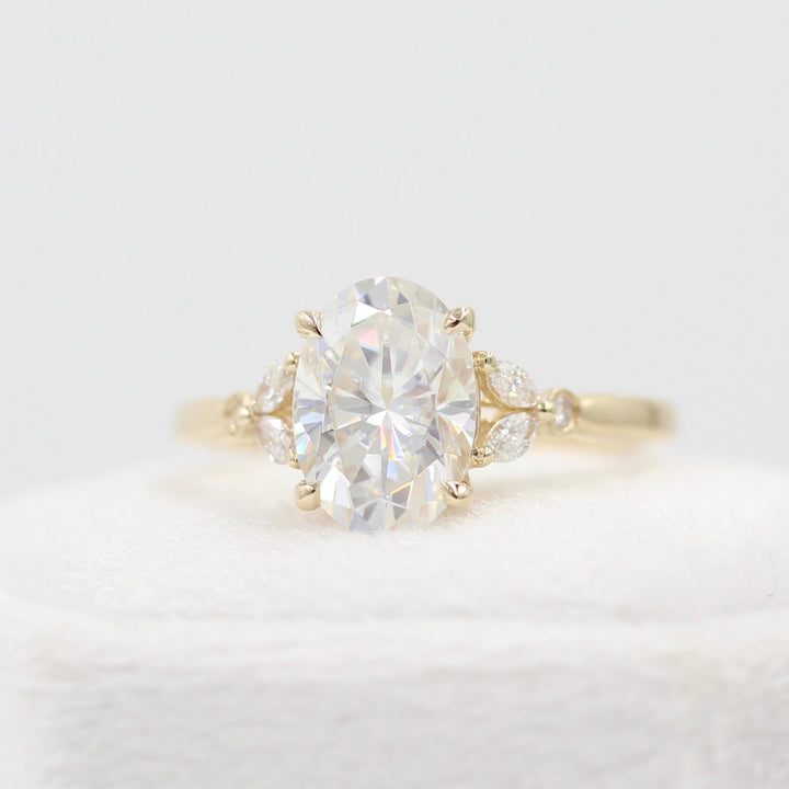 Ready to Ship Ring 14k Yellow Gold The Sophia Ring (Oval) in Yellow Gold with 2ct Moissanite atop of a white velvet ring box