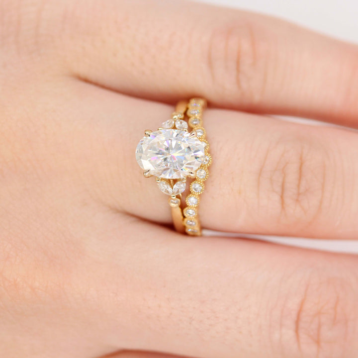Ready to Ship Ring 14k Yellow Gold The Sophia Ring (Oval) in Yellow Gold with 2ct Moissanite stacked with the Florence Contour Band in Yellow Gold modeled