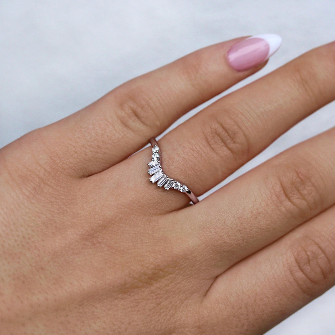 The Sunburst Wedding Band in White Gold modeled