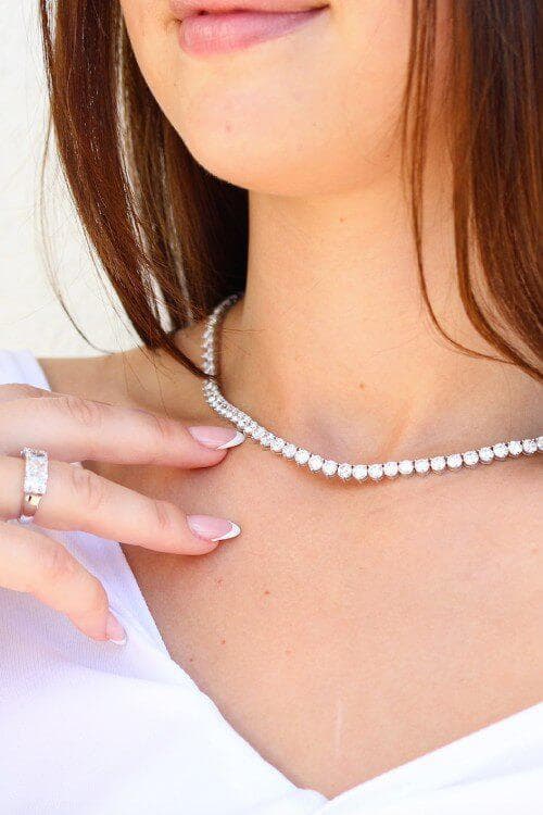 Lab-grown diamond tennis necklace modeled