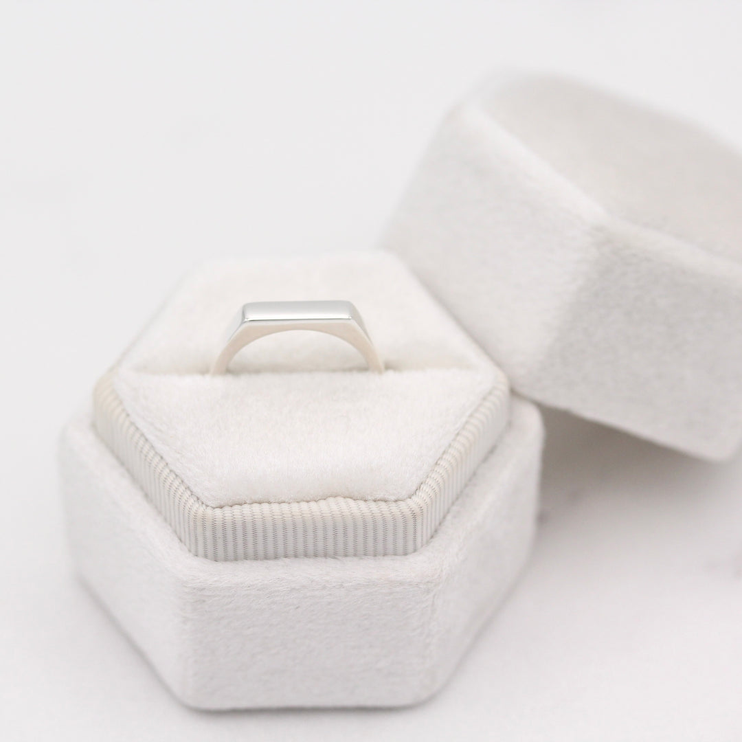 Sterling Silver Bar Signet Ring in a White Hexagon Ring Box