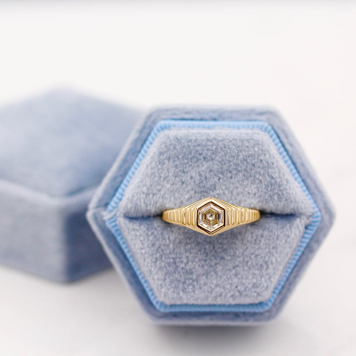The Fitz Pinky Ring in Yellow Gold with Hexagon Diamond center in Blue Velvet Ring Box 