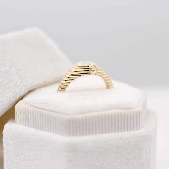 The Fitz art deco inspired ring in Yellow Gold in a White Velvet Ring Box