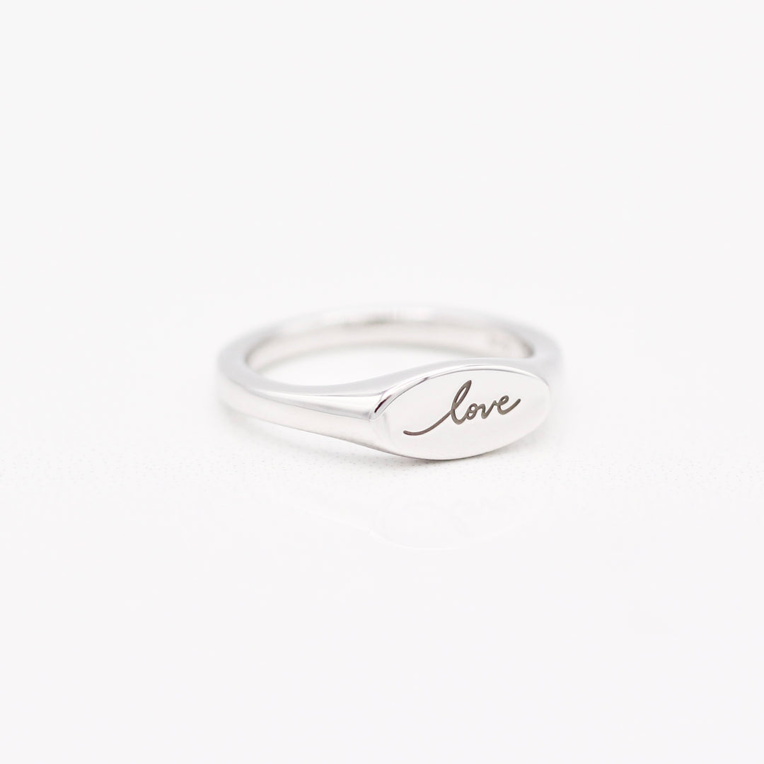East-West Signet Ring with Love Engraving in Sterling Silver