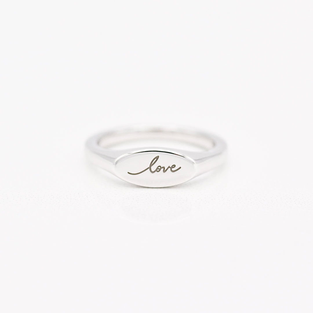 Sterling Silver East-West Signet Ring with Handwritten Engraving (Love)