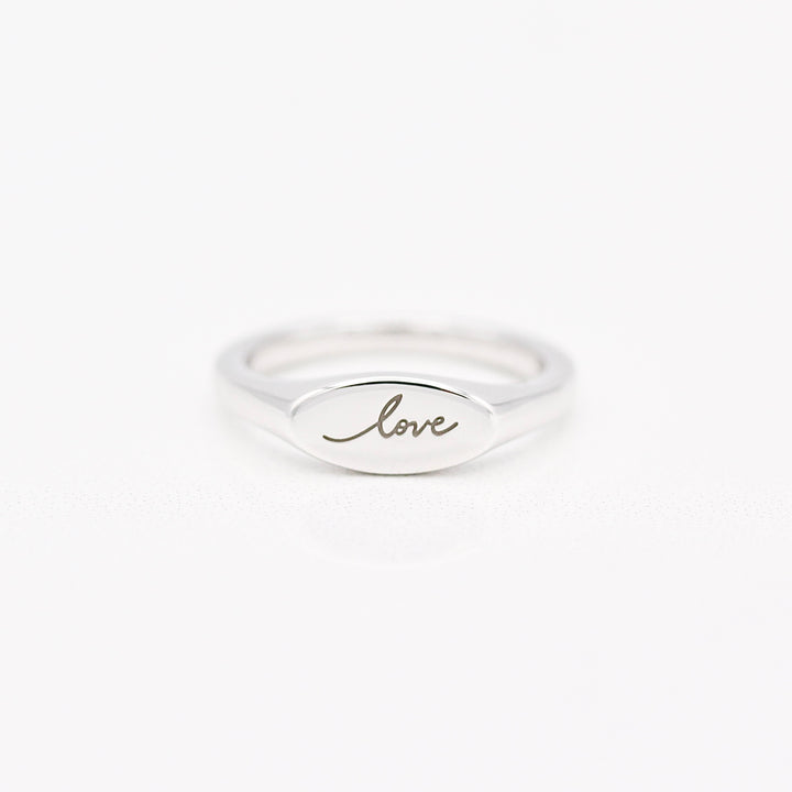 Sterling Silver East-West Signet Ring with Handwritten Engraving (Love)