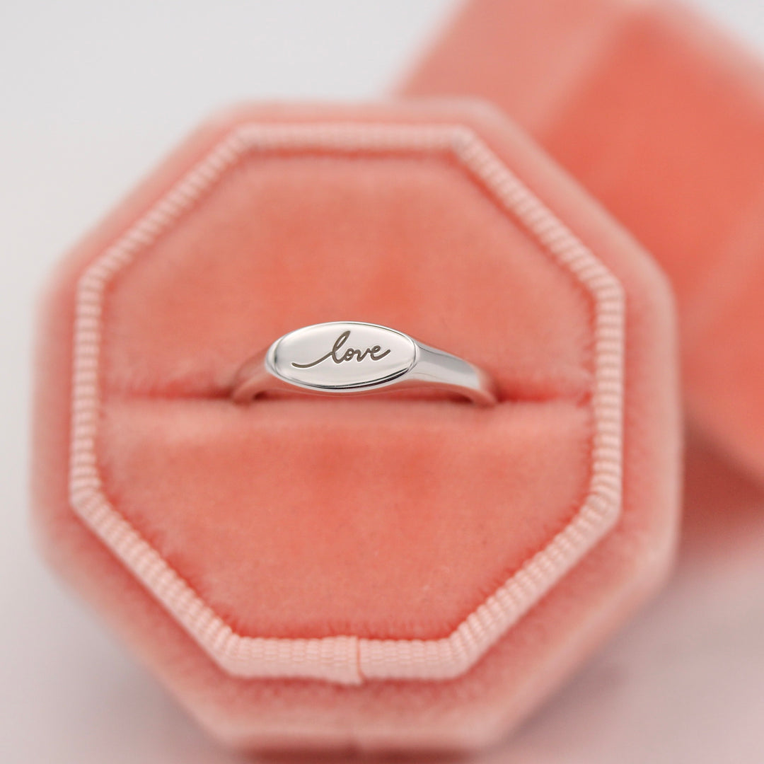 East-West Oval Engraved "Love" Signet Ring in Sterling Silver