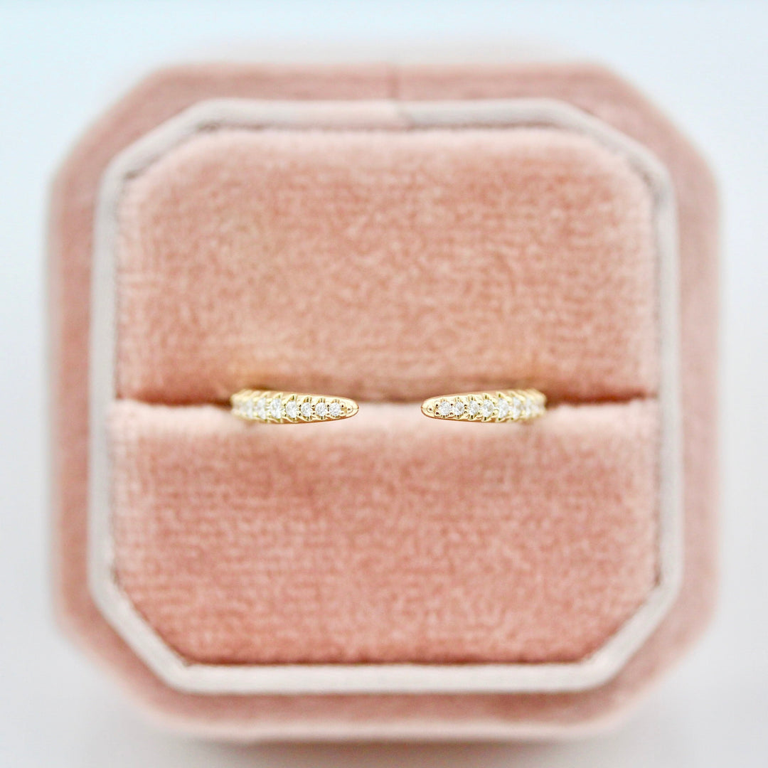 The Phoebe Open Tapered Wedding Band in a Pink Velvet Ring Box