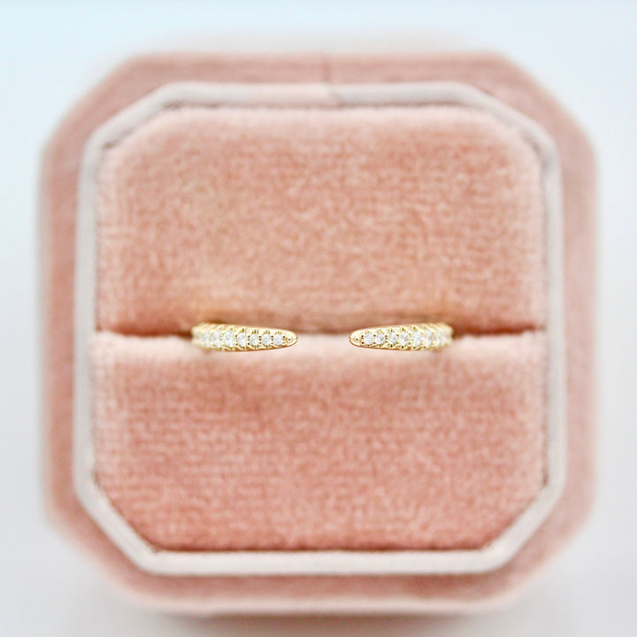 The Phoebe Open Tapered Wedding Band in a Pink Velvet Ring Box