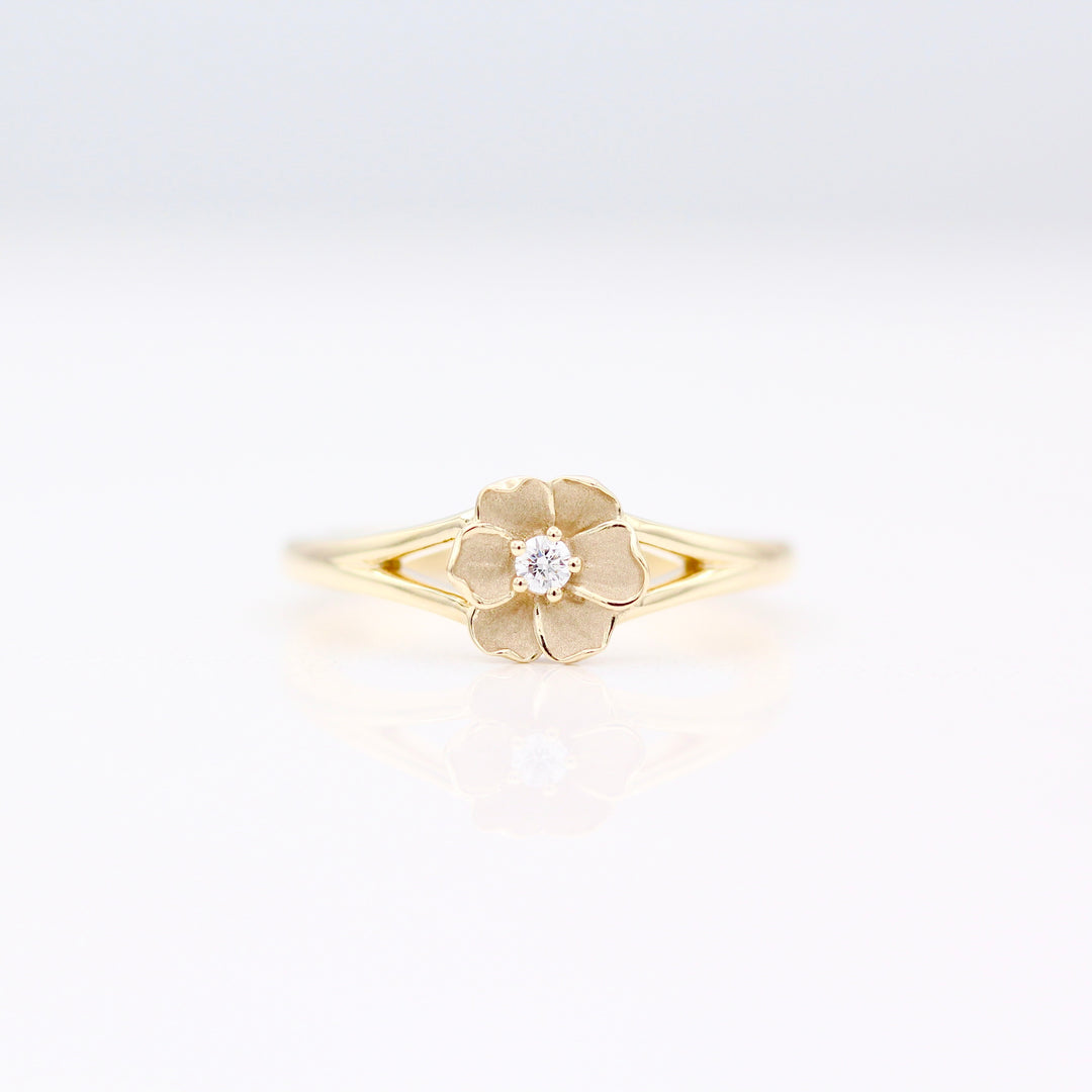 Yellow Gold Poppy Flower Pinky Ring with Spit Shank on a White background