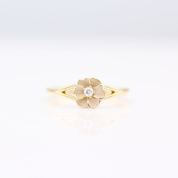 Yellow Gold Poppy Flower Pinky Ring with Spit Shank on a White background