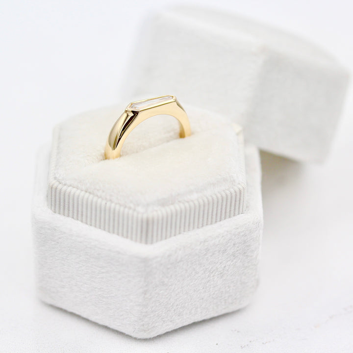 Yellow Gold East-West Diamond Shield Ring in a White Velvet Ring Box