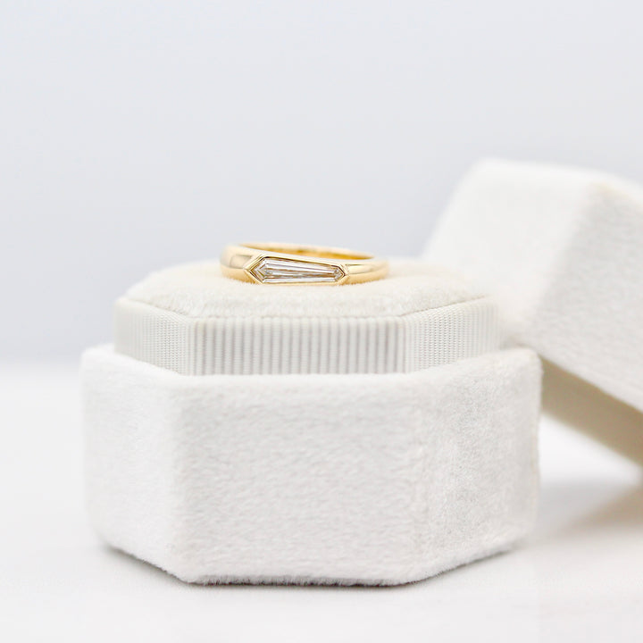 East-West Shield cut Diamond center with tapered band in Yellow gold
