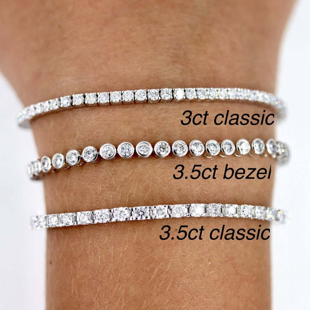 Three different lab grown diamond tennis bracelets pictured side-by-side on a wrist