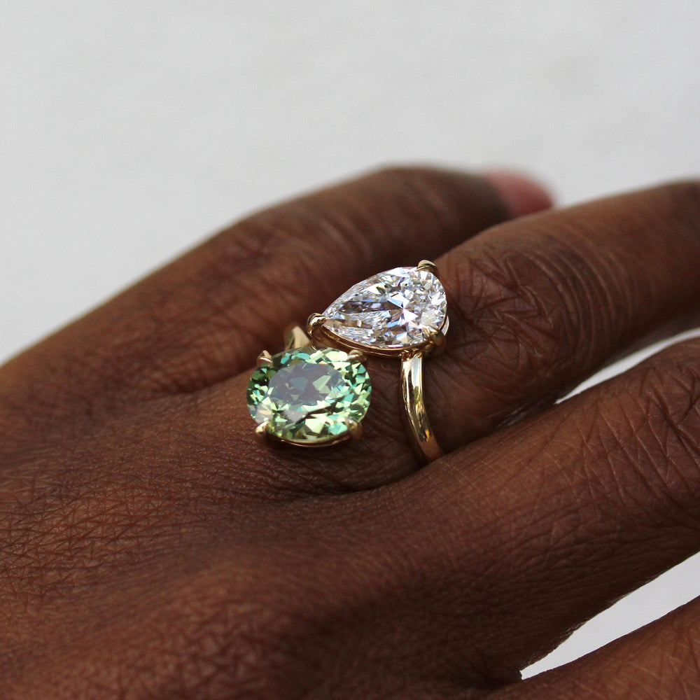 Engagement Ring Toi Et Moi Diamond and Sage Green Sapphire Bypass Ring