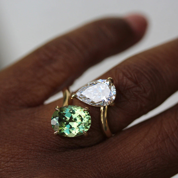 Engagement Ring Toi Et Moi Diamond and Sage Green Sapphire Bypass Ring