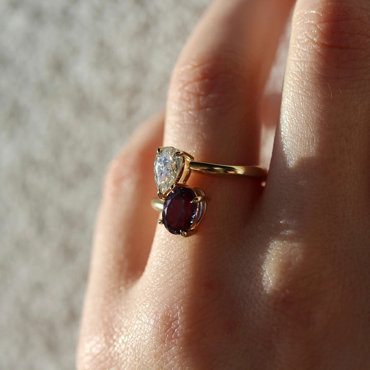 Ready to Ship Ring 14k Yellow Gold Toi et Moi Diamond and Alexandrite Bypass Ring in Yellow Gold
