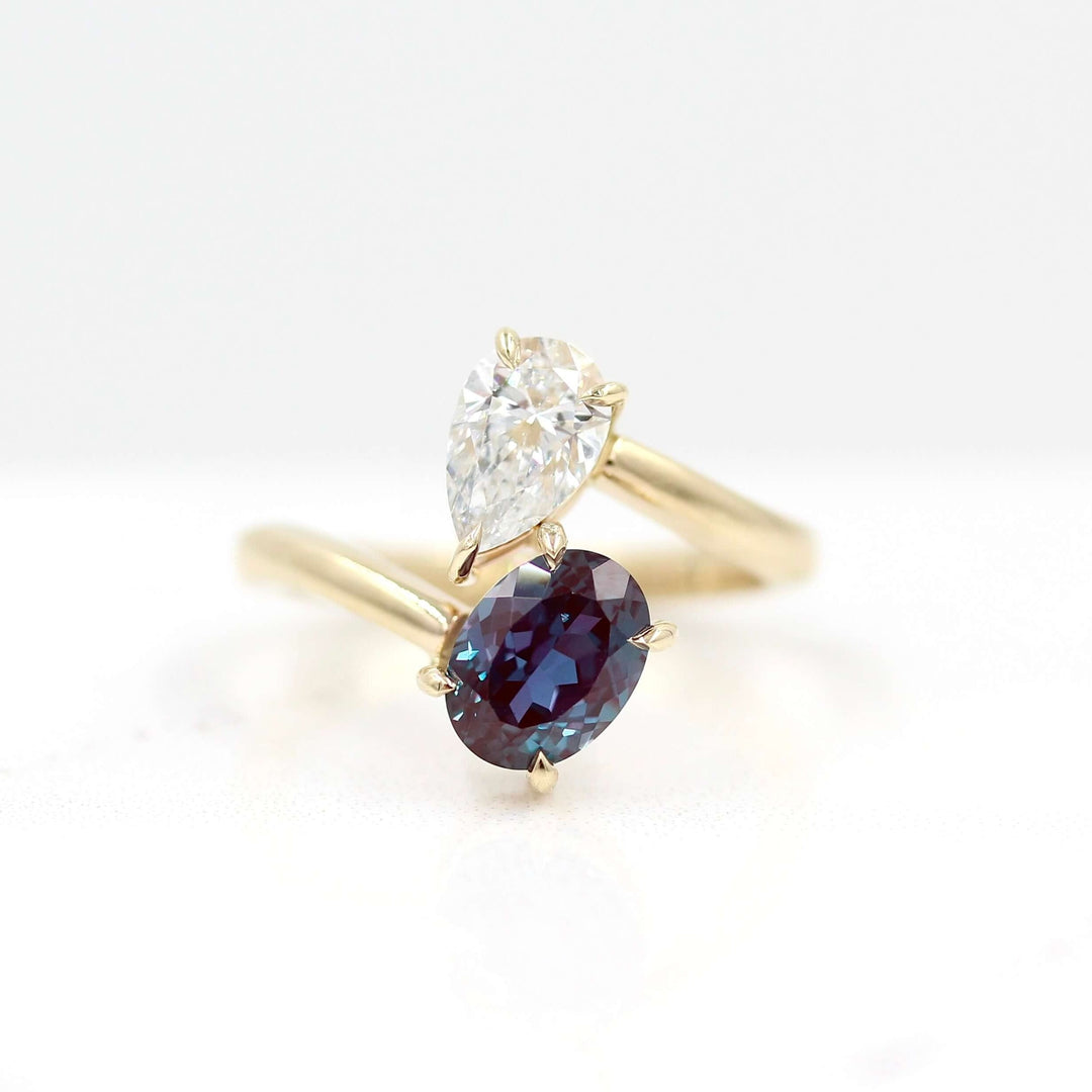 Ready to Ship Ring 14k Yellow Gold Toi et Moi Diamond and Alexandrite Bypass Ring in Yellow Gold
