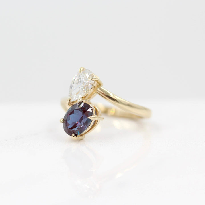 Ready to Ship Ring 14k Yellow Gold Toi et Moi Diamond and Alexandrite Bypass Ring in Yellow Gold