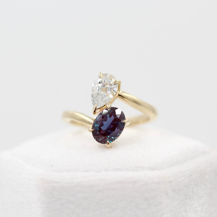 Ready to Ship Ring 14k Yellow Gold Toi et Moi Diamond and Alexandrite Bypass Ring in Yellow Gold