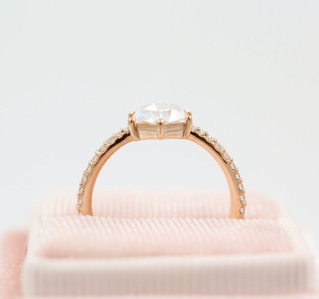 The Aurora ring in Rose Gold in a pink velvet ring box