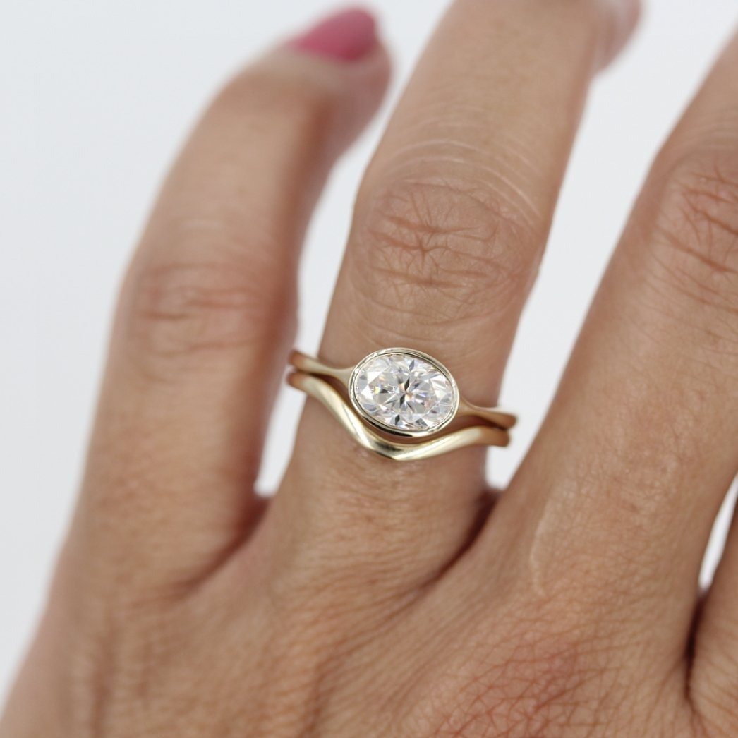 East-West Oval Engagement Ring with Gold Band on Hand