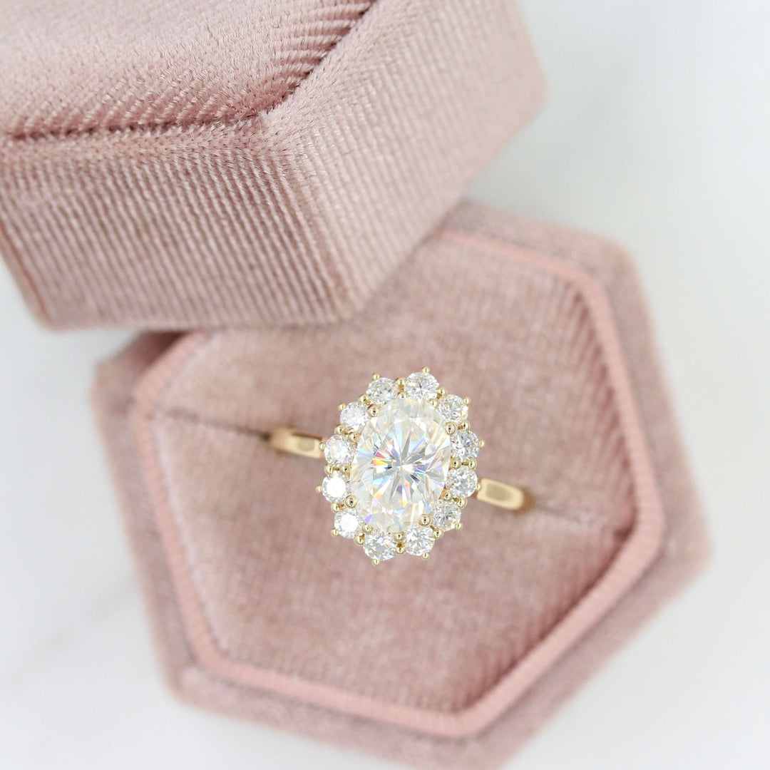 Front view of the allie oval floral halo engagement ring