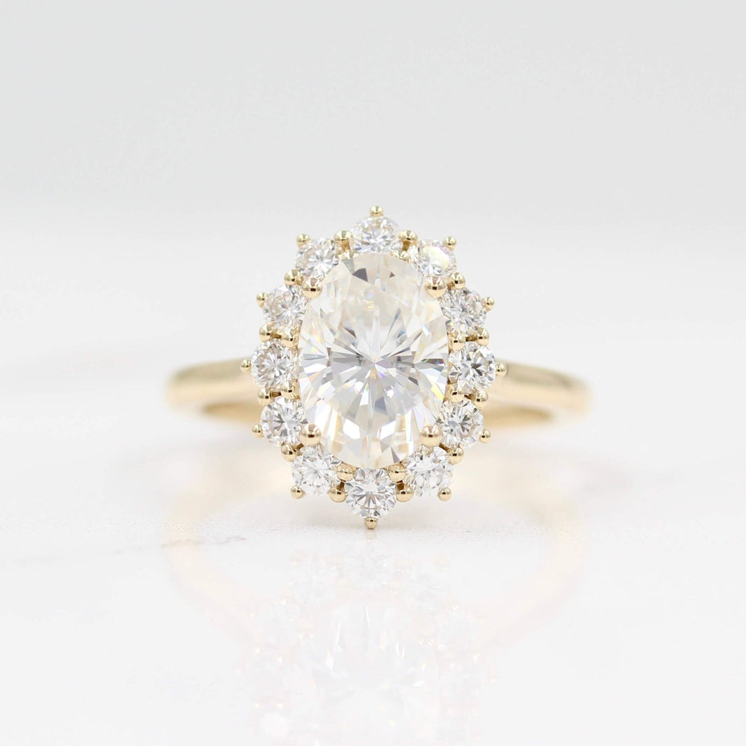 front view of the allie oval floral halo engagement ring