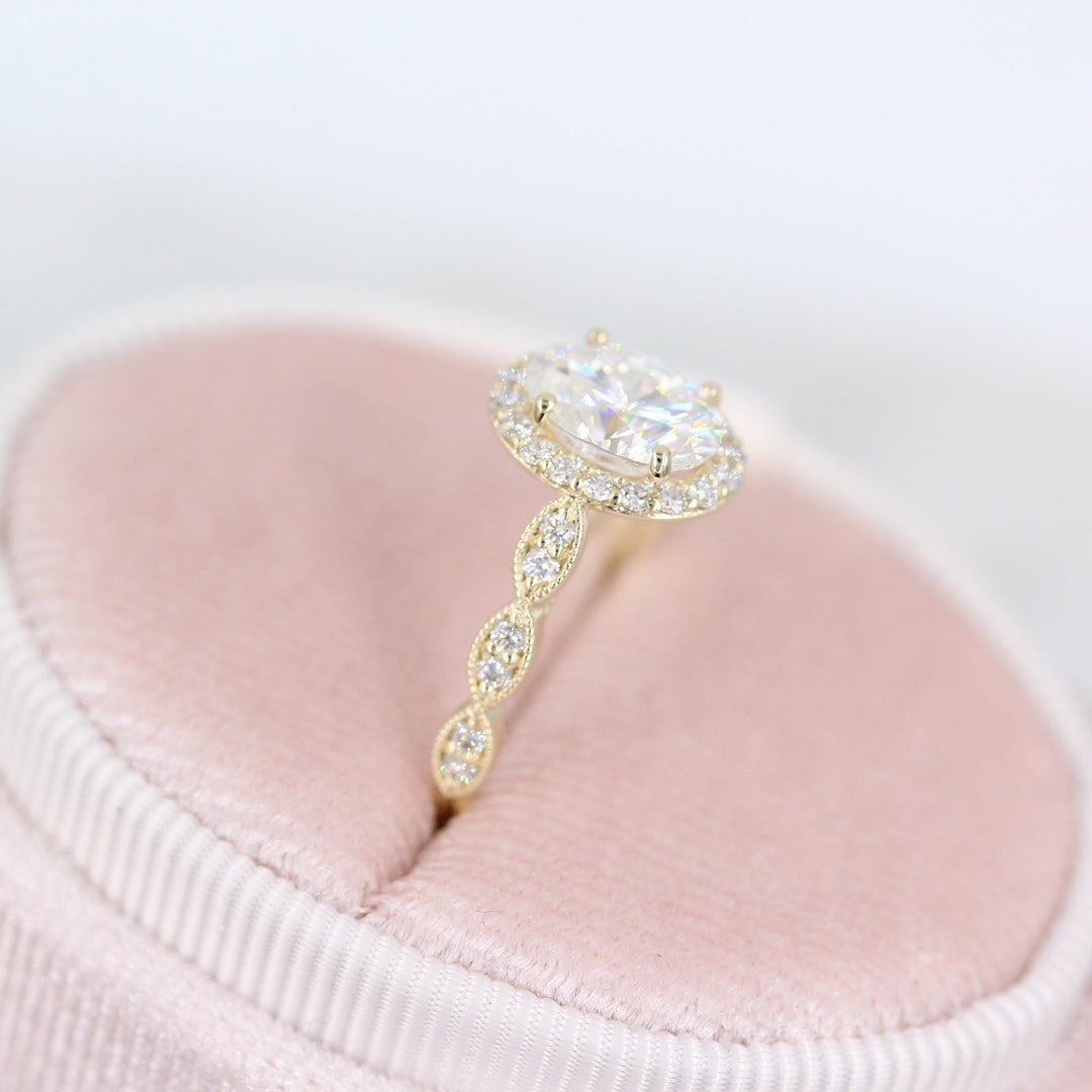 The Isla Ring (Oval) in Yellow Gold in a pink velvet ring box