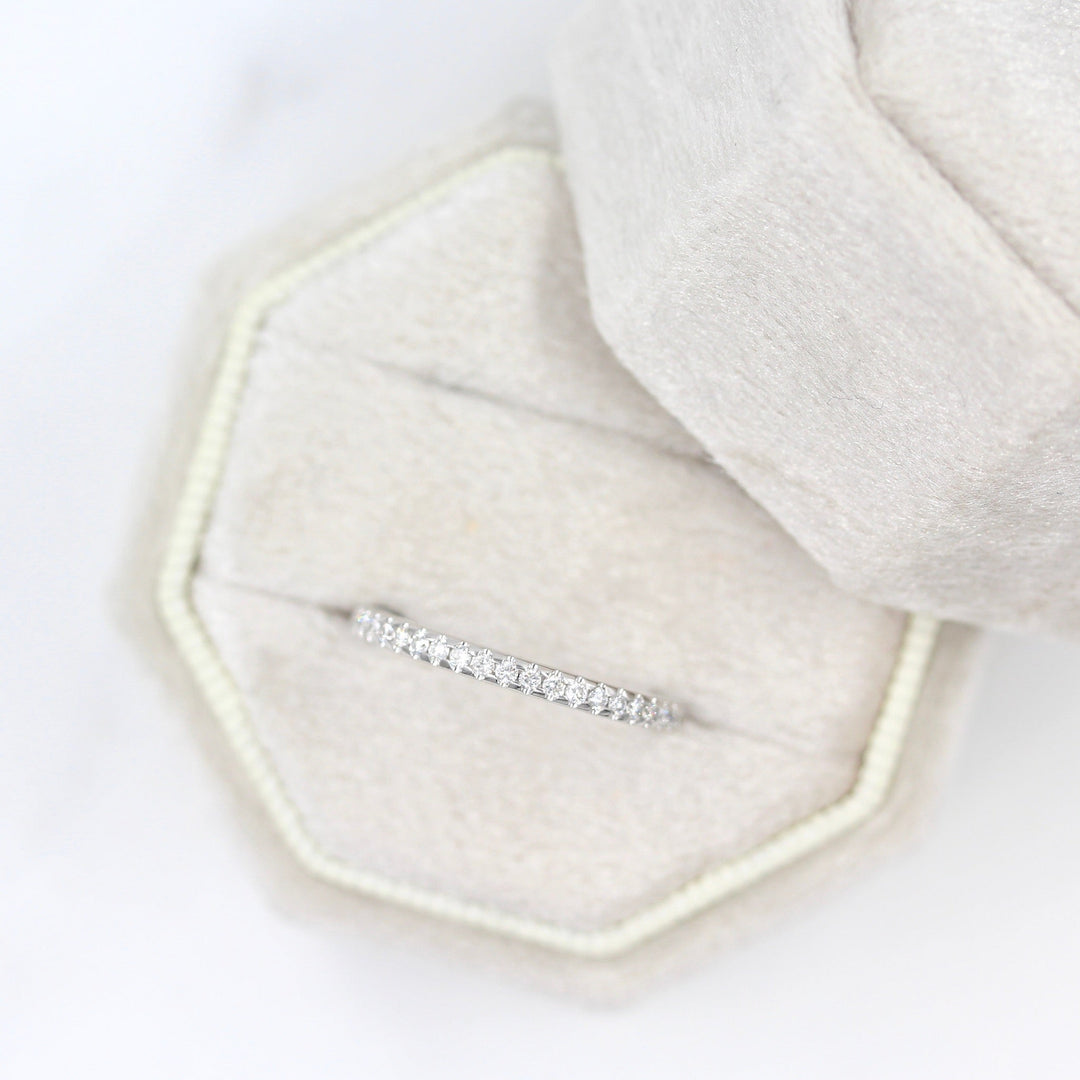 The Lauryn Wedding Band in white gold in a white velvet ring box