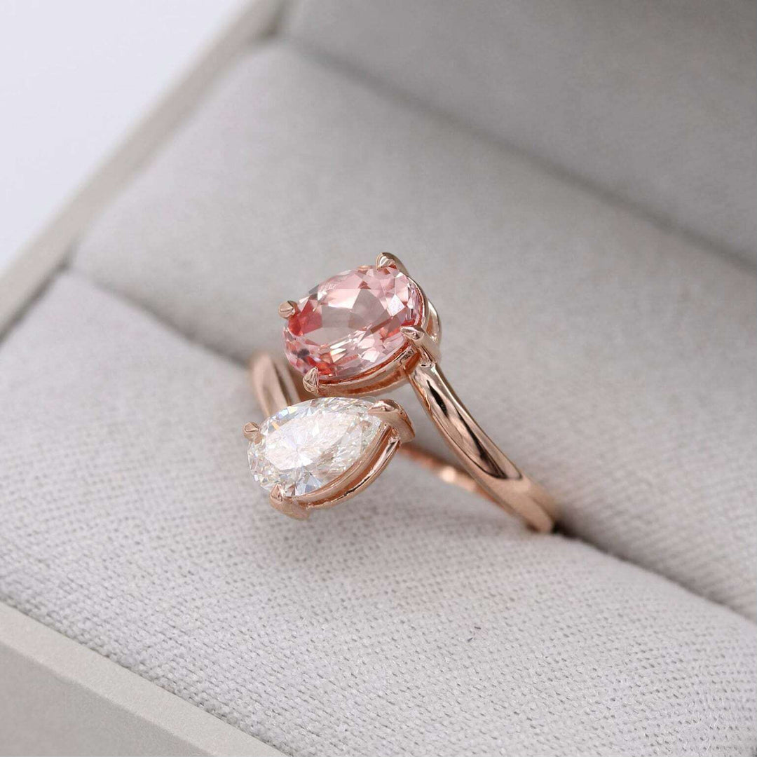 Engagement Ring Toi et Moi Diamond and Peachy-Pink Sapphire Bypass Ring