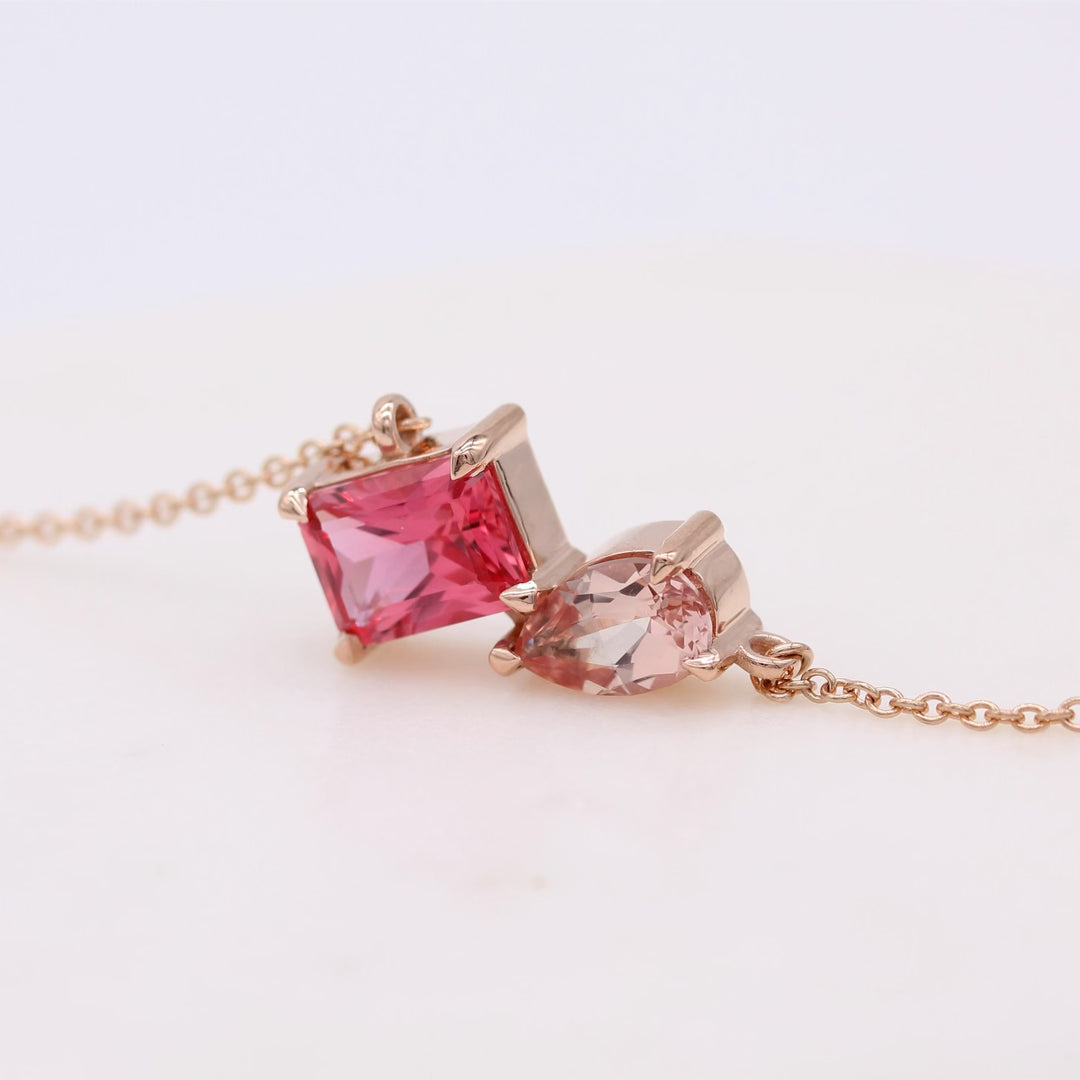 Padparadscha and peachy-pink created sapphire necklace in 14k rose gold